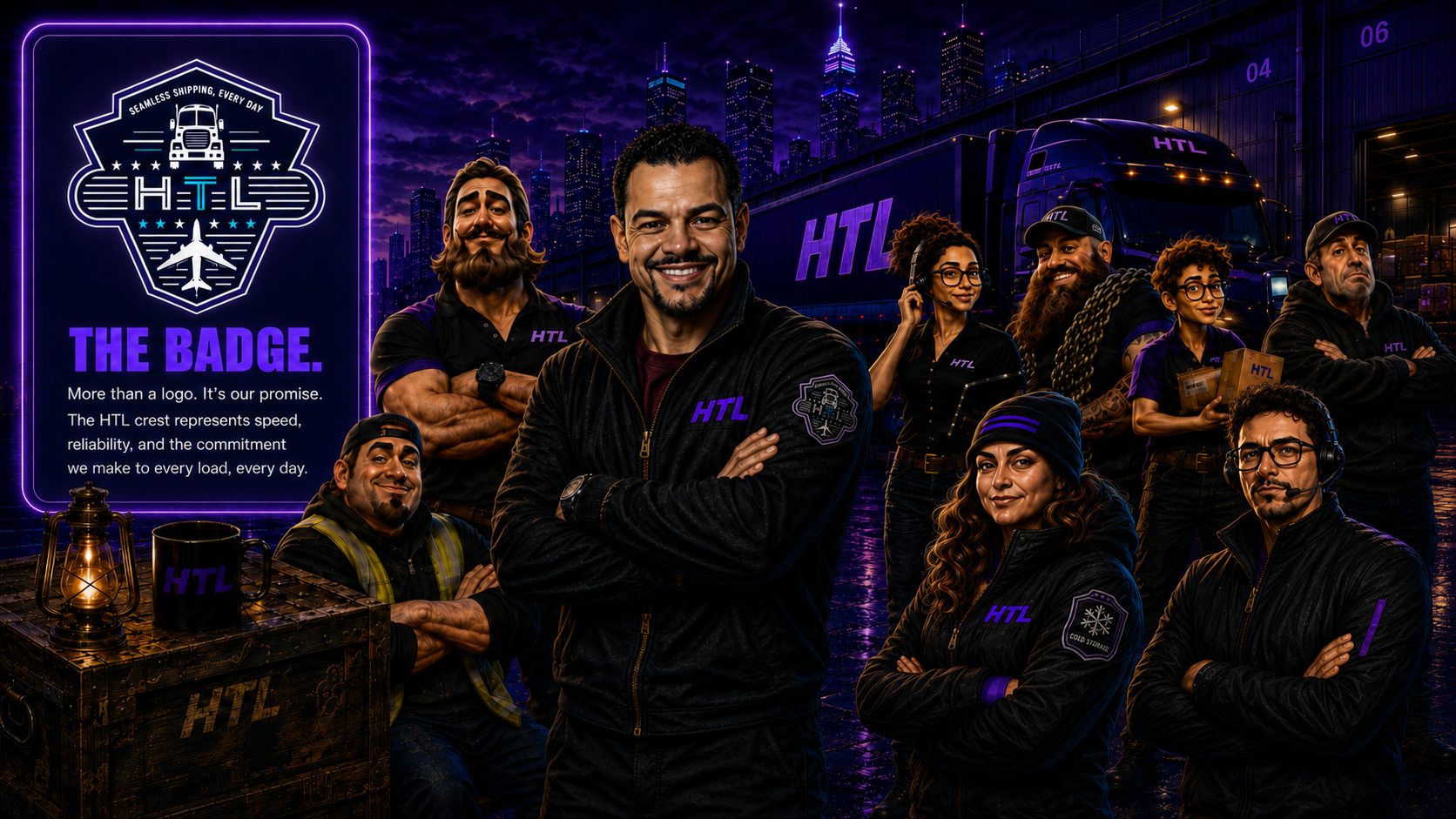 The HTL crew — Xander Hassan and the HTL team at the night dock with the HTL badge