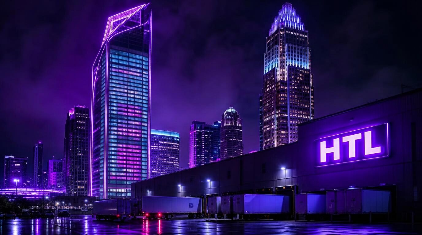 Neon-lit Charlotte, NC skyline at night above an HTL warehouse loading dock with trailers
